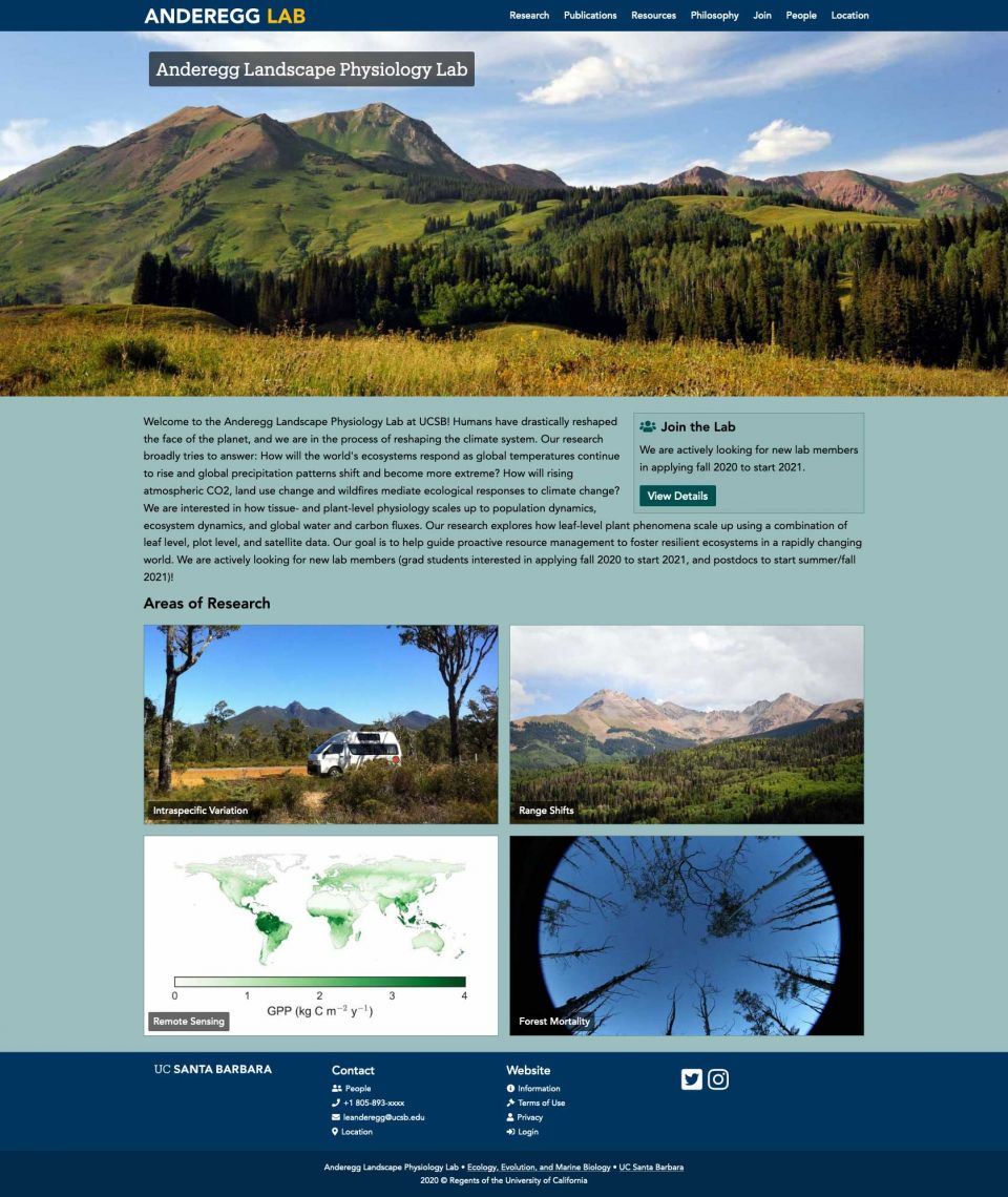Anderegg Landscape Physiology Lab Webisite